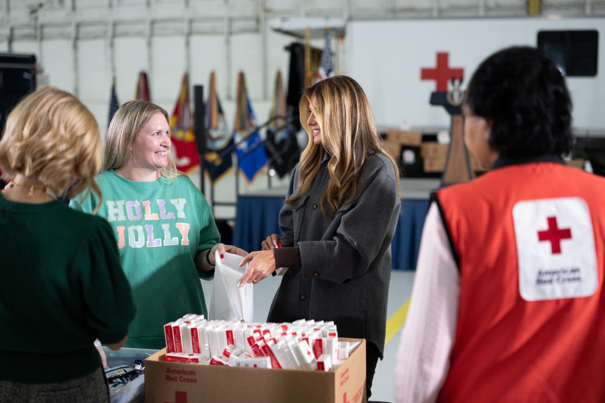 First Lady Melania Trump and Second Lady Usha Vance join the American Red Cross to deliver holiday care packages to military spouses at Joint Base Andrews, Monday, December 1, 2025. (Official White House Photo by Andrea Hanks)