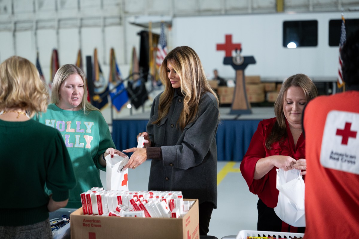 First Lady Melania Trump and Second Lady Usha Vance join the American Red Cross to deliver holiday care packages to military spouses at Joint Base Andrews, Monday, December 1, 2025. (Official White House Photo by Andrea Hanks)