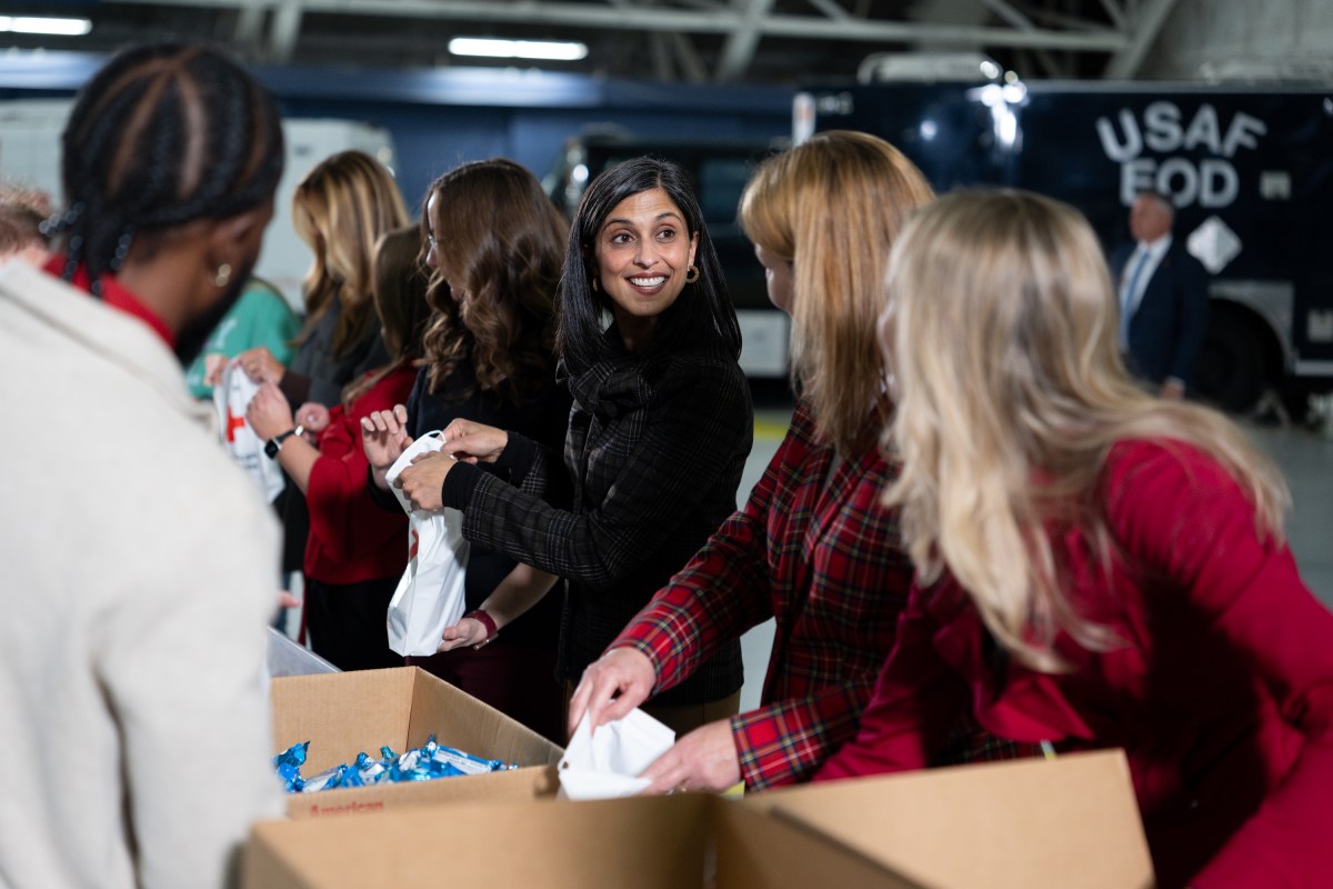 First Lady Melania Trump and Second Lady Usha Vance join the American Red Cross to deliver holiday care packages to military spouses at Joint Base Andrews, Monday, December 1, 2025. (Official White House Photo by Andrea Hanks)