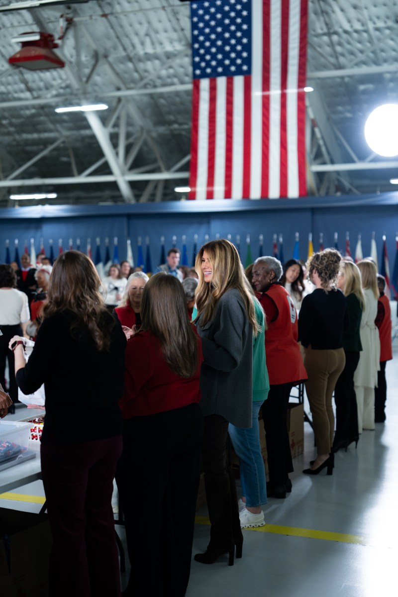 First Lady Melania Trump and Second Lady Usha Vance join the American Red Cross to deliver holiday care packages to military spouses at Joint Base Andrews, Monday, December 1, 2025. (Official White House Photo by Andrea Hanks)