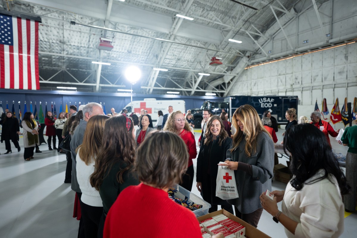 First Lady Melania Trump and Second Lady Usha Vance join the American Red Cross to deliver holiday care packages to military spouses at Joint Base Andrews, Monday, December 1, 2025. (Official White House Photo by Andrea Hanks)