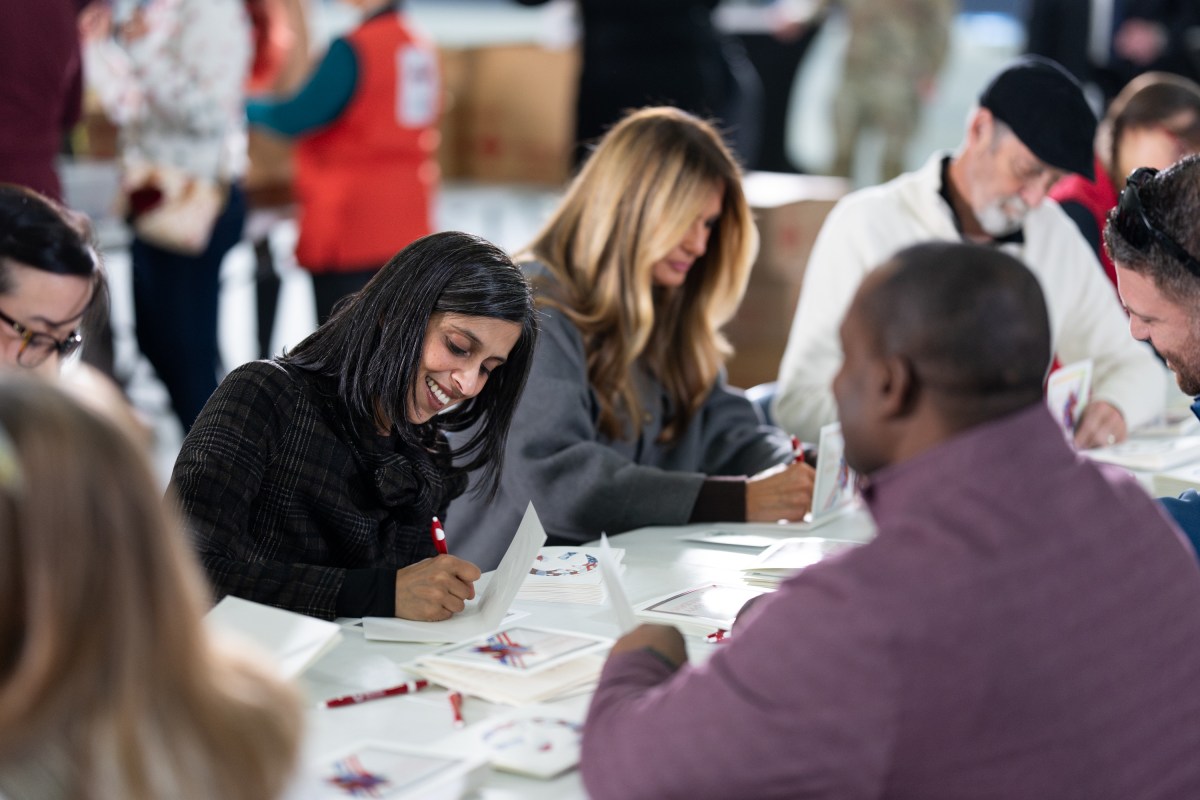 First Lady Melania Trump and Second Lady Usha Vance join the American Red Cross to deliver holiday care packages to military spouses at Joint Base Andrews, Monday, December 1, 2025. (Official White House Photo by Andrea Hanks)
