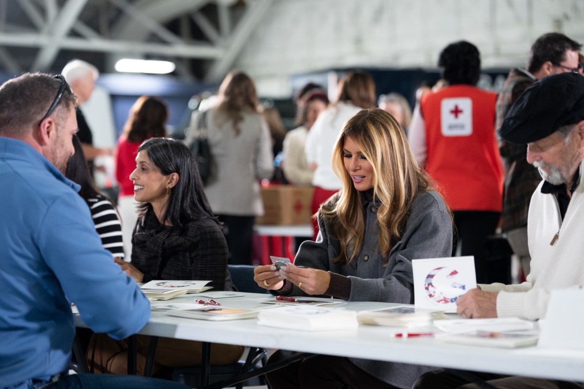 First Lady Melania Trump and Second Lady Usha Vance join the American Red Cross to deliver holiday care packages to military spouses at Joint Base Andrews, Monday, December 1, 2025. (Official White House Photo by Andrea Hanks)