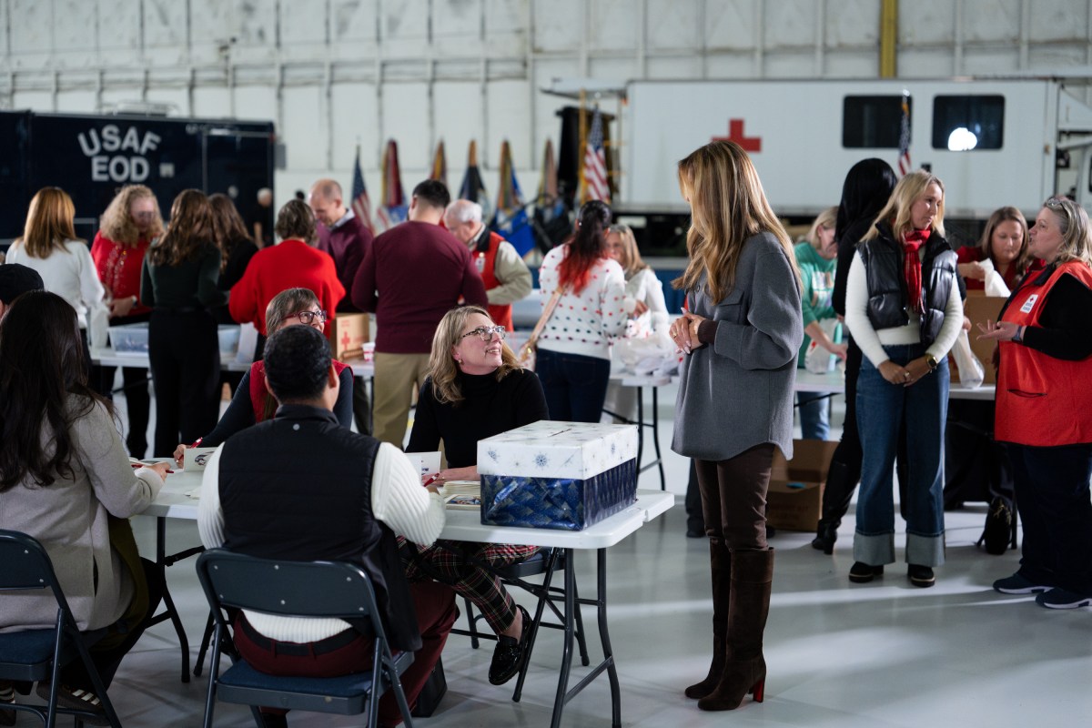 First Lady Melania Trump and Second Lady Usha Vance join the American Red Cross to deliver holiday care packages to military spouses at Joint Base Andrews, Monday, December 1, 2025. (Official White House Photo by Andrea Hanks)