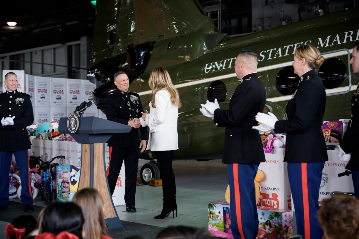 First Lady Melania Trump gives remarks at a Toys for Tots Christmas event at Marine Corps Base Quantico, Monday, December 8, 2025. (Official White House photo by Andrea Hanks)