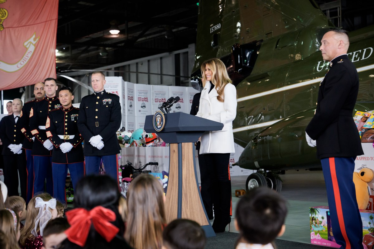 First Lady Melania Trump gives remarks at a Toys for Tots Christmas event at Marine Corps Base Quantico, Monday, December 8, 2025. (Official White House photo by Andrea Hanks)