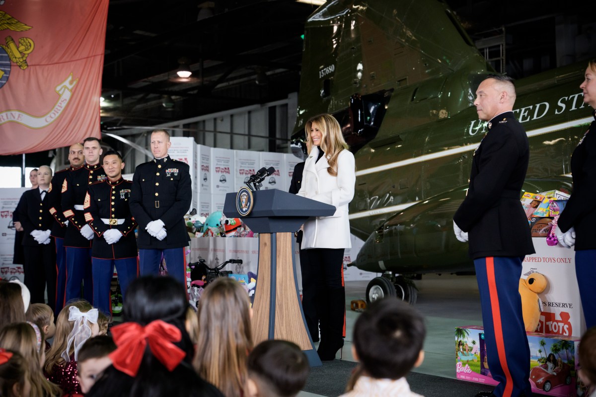 First Lady Melania Trump gives remarks at a Toys for Tots Christmas event at Marine Corps Base Quantico, Monday, December 8, 2025. (Official White House photo by Andrea Hanks)