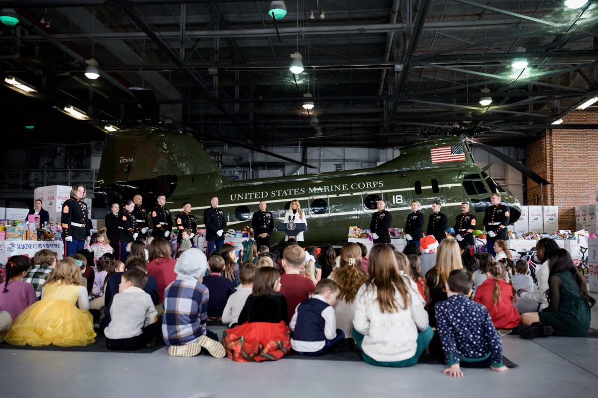 First Lady Melania Trump gives remarks at a Toys for Tots Christmas event at Marine Corps Base Quantico, Monday, December 8, 2025. (Official White House photo by Andrea Hanks)