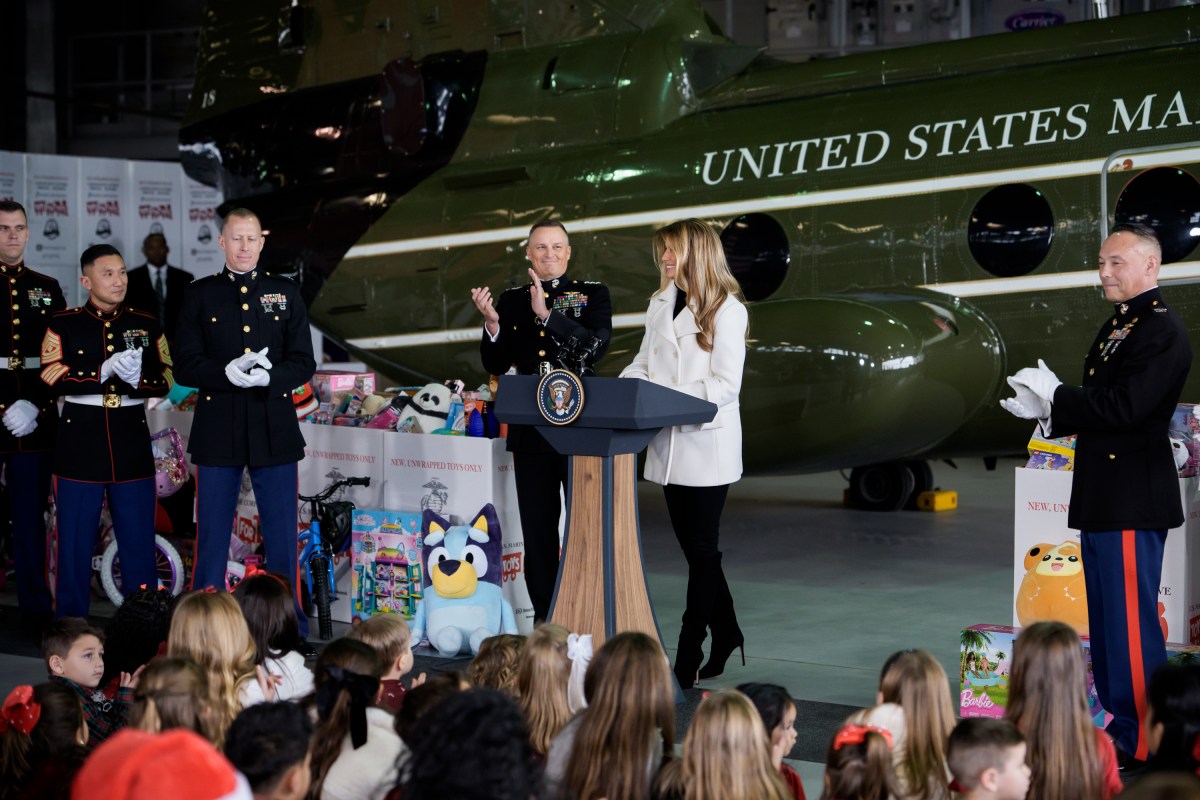 First Lady Melania Trump gives remarks at a Toys for Tots Christmas event at Marine Corps Base Quantico, Monday, December 8, 2025. (Official White House photo by Andrea Hanks)