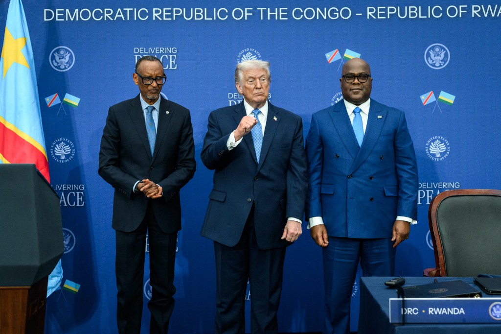 President Donald Trump, President Paul Kagame of the Republic of Rwanda, and President Felix Tshisekedi of the Democratic Republic of the Congo, pose for a photo after signings of the peace accord, Thursday, December 4, 2025, at the United States Peace Institute in Washington, D.C. (Official White House Photo by Daniel Torok)