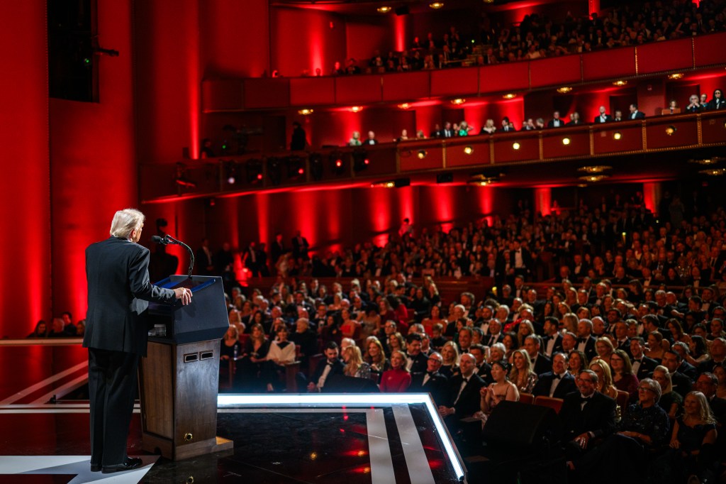 President Donald Trump delivers remarks at the Kennedy Center Honors celebrating Sylvester Stallone, Gloria Gaynor, George Strait, members of KISS, and Michael Crawford at the Kennedy Center in Washington, D.C., Sunday, December 7, 2025. (Official White House Photo by Daniel Torok)