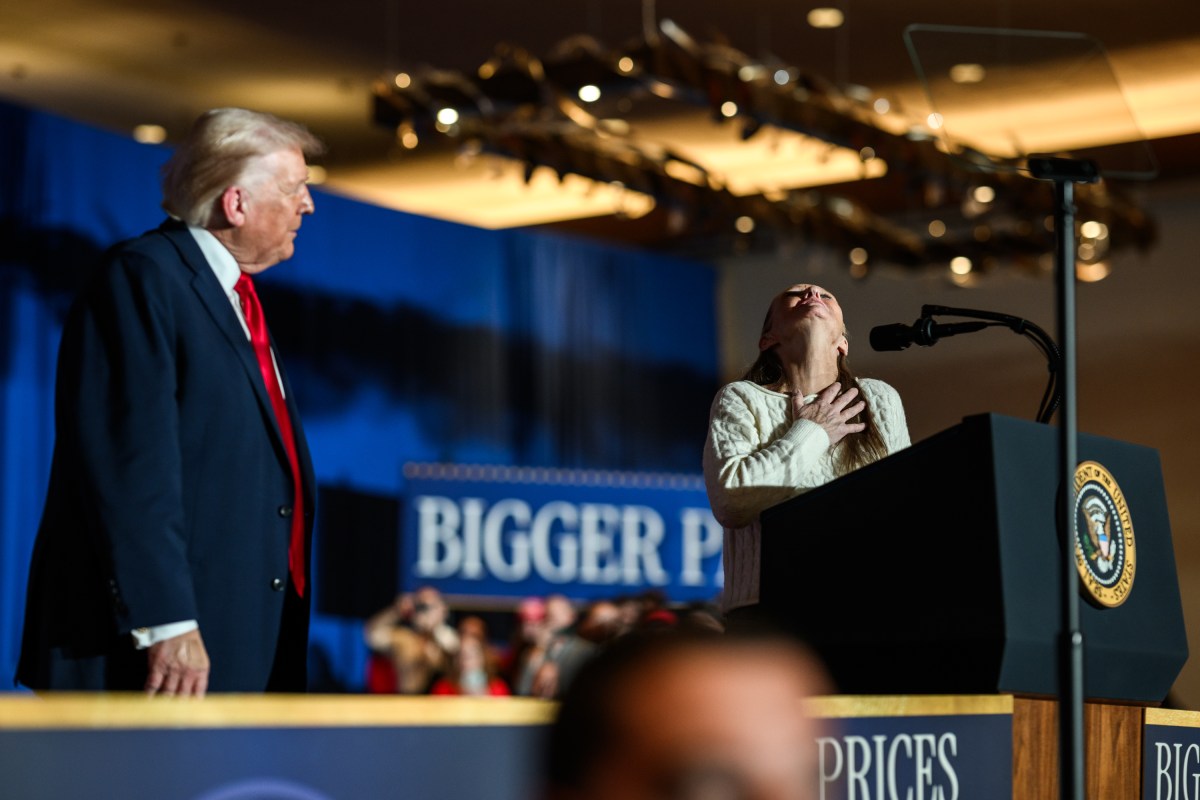 Donna Zajack speaks to the crowd after President Donald Trump invited her on stage as he delivered remarks on the economy at Mount Airy Casino Resort in Mount Pocono, Pennsylvania, Tuesday, December 9, 2025. (Official White House Photo by Molly Riley)