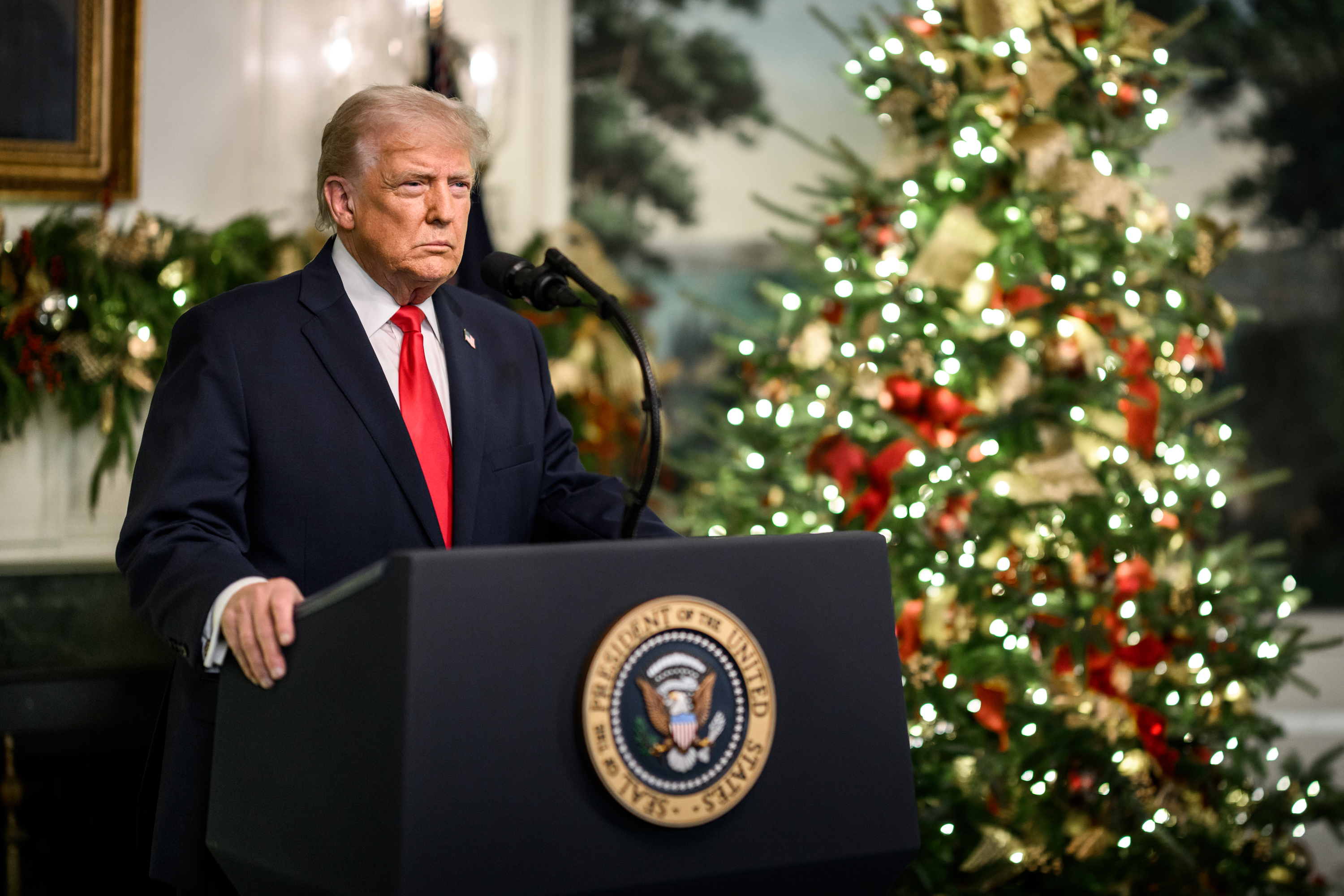 President Donald Trump addresses the nation, Wednesday, December 17, 2025, from the Diplomatic Reception Room of the White House. (Official White House Photo by Daniel Torok)