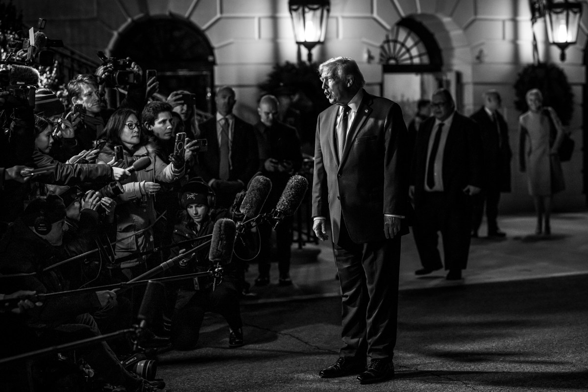 President Donald Trump speaks to members of the media before boarding Marine One on the South Lawn of the White House en route Joint Base Andrews, Maryland on Friday, December 19, 2025, for a trip to Rocky Mount, North Carolina. (Official White House Photo by Joyce N. Boghosian)