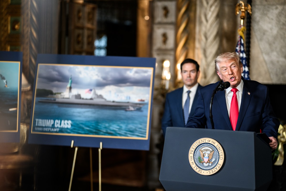 President Donald Trump, joined by Secretary of War Pete Hegseth, Secretary of State Marco Rubio, and Secretary of the Navy John Phelan, announces plans for a “Golden Fleet” of new U.S. Navy battleships, Monday, December 22, 2025, at the Mar-a-Lago Club in Palm Beach, Florida. (Official White House Photo by Daniel Torok)