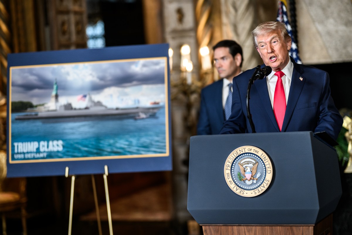 President Donald Trump, joined by Secretary of War Pete Hegseth, Secretary of State Marco Rubio, and Secretary of the Navy John Phelan, announces plans for a “Golden Fleet” of new U.S. Navy battleships, Monday, December 22, 2025, at the Mar-a-Lago Club in Palm Beach, Florida. (Official White House Photo by Daniel Torok)