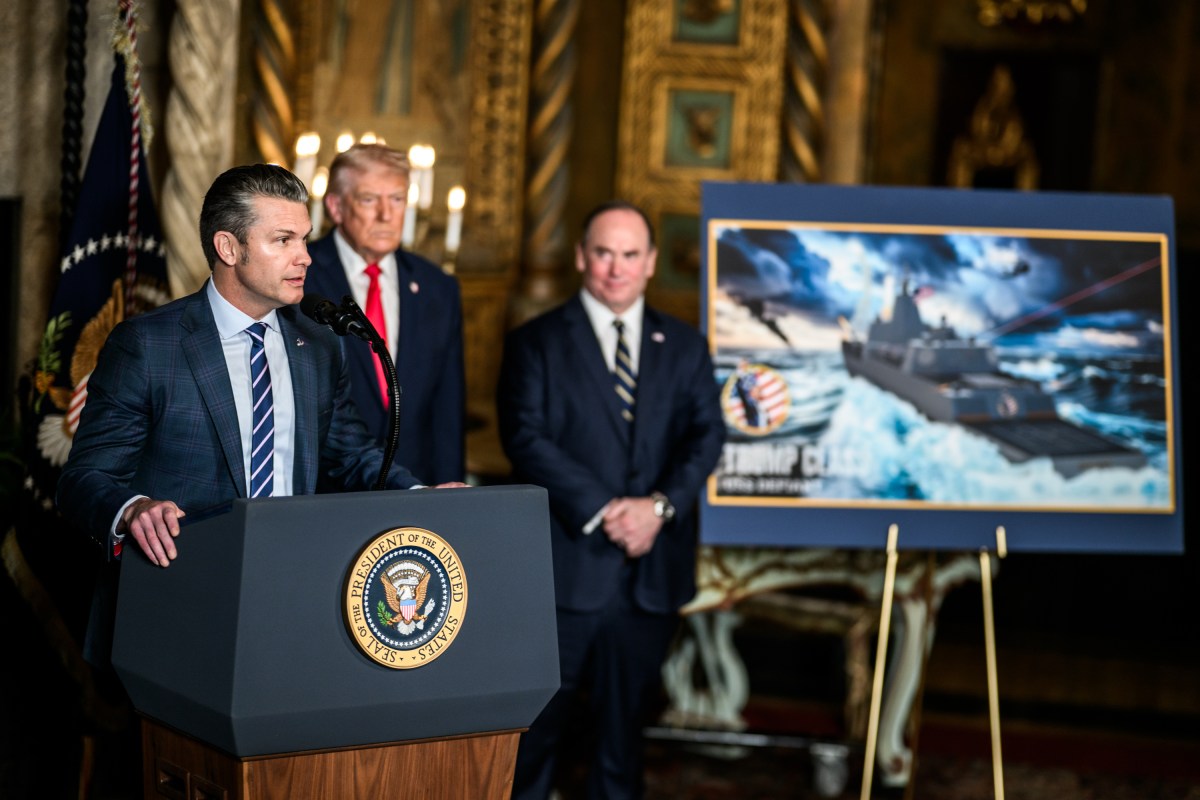 President Donald Trump, joined by Secretary of War Pete Hegseth, Secretary of State Marco Rubio, and Secretary of the Navy John Phelan, announces plans for a “Golden Fleet” of new U.S. Navy battleships, Monday, December 22, 2025, at the Mar-a-Lago Club in Palm Beach, Florida. (Official White House Photo by Daniel Torok)