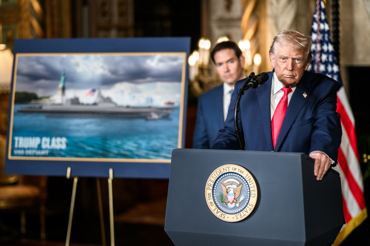 President Donald Trump, joined by Secretary of War Pete Hegseth, Secretary of State Marco Rubio, and Secretary of the Navy John Phelan, announces plans for a “Golden Fleet” of new U.S. Navy battleships, Monday, December 22, 2025, at the Mar-a-Lago Club in Palm Beach, Florida. (Official White House Photo by Daniel Torok)