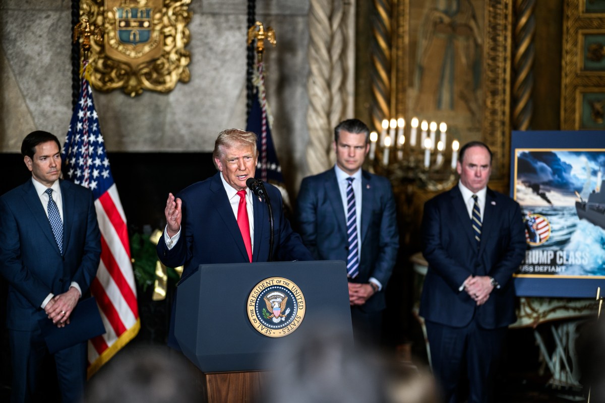 President Donald Trump, joined by Secretary of War Pete Hegseth, Secretary of State Marco Rubio, and Secretary of the Navy John Phelan, announces plans for a “Golden Fleet” of new U.S. Navy battleships, Monday, December 22, 2025, at the Mar-a-Lago Club in Palm Beach, Florida. (Official White House Photo by Daniel Torok)