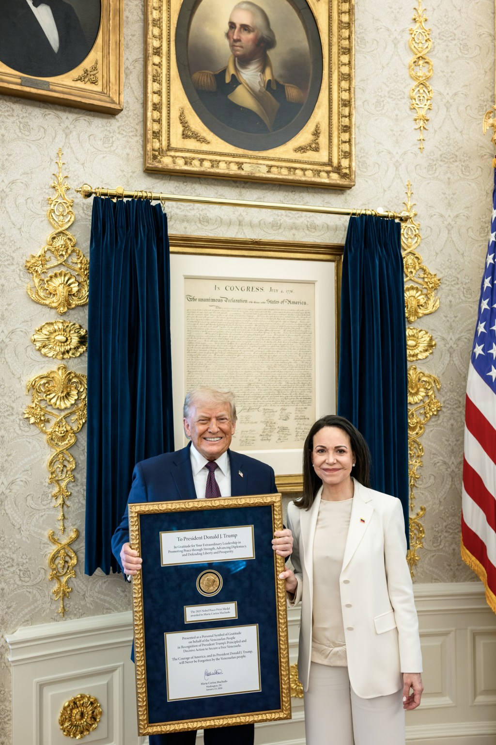 President Donald Trump meets with Venezuelan opposition leader Maria Corina Machado in the Oval Office, Thursday, January 15, 2026. (Official White House Photo by Daniel Torok)