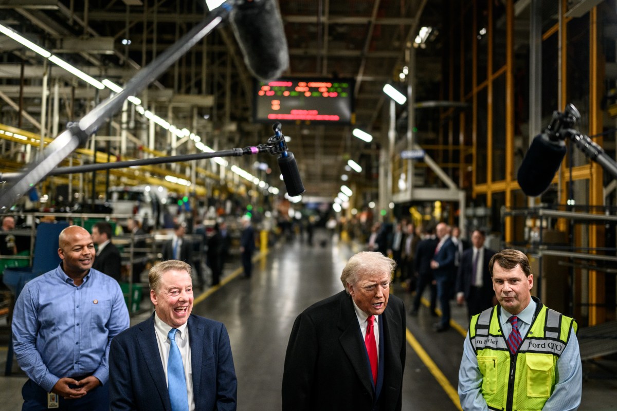 President Donald Trump answers questions from members of the media alongside Ford River Plant Manager Corey Williams, Ford Executive Chairman Bill Ford Jr., and Ford CEO Jim Farley during a tour of the Ford River Rouge Complex in Dearborn, Michigan on Tuesday, January 13, 2026. (Official White House Photo by Daniel Torok)