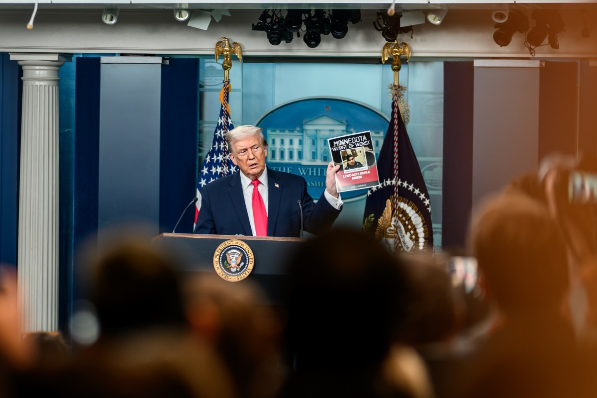President Donald Trump addresses members of the media in the James S. Brady Press Briefing Room, Tuesday, January 20, 2026. (Official White House Photo by Daniel Torok)