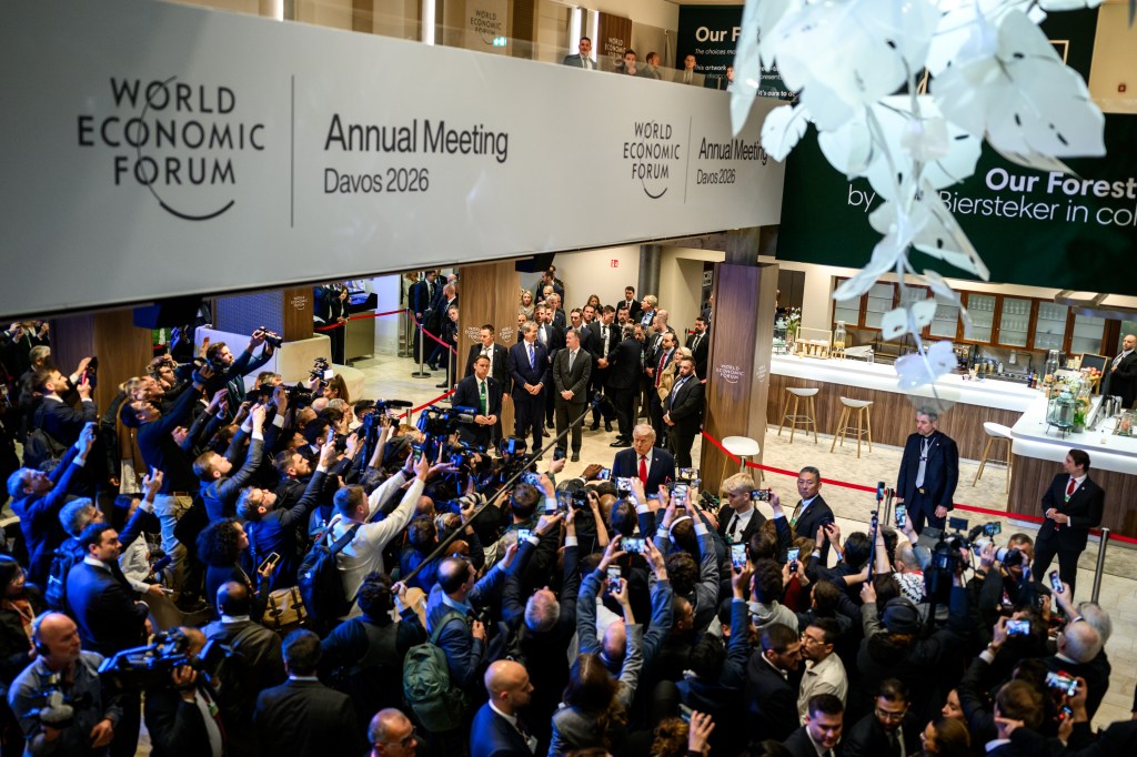 President Donald Trump speaks to members of the media after delivering remarks at the World Economic Forum in Davos, Switzerland on Wednesday, January 21, 2026, at the Davos Congress Center. (Official White House Photo by Daniel Torok)