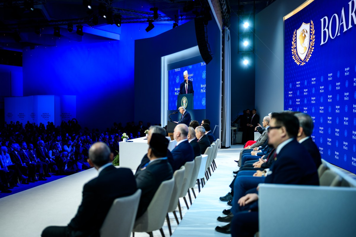 President Donald Trump participates in the Board of Peace Charter Announcement and Signing ceremony during the World Economic Forum, Thursday, January 22, 2026, at the Davos Congress Center in Davos, Switzerland. (Official White House Photo by Daniel Torok)