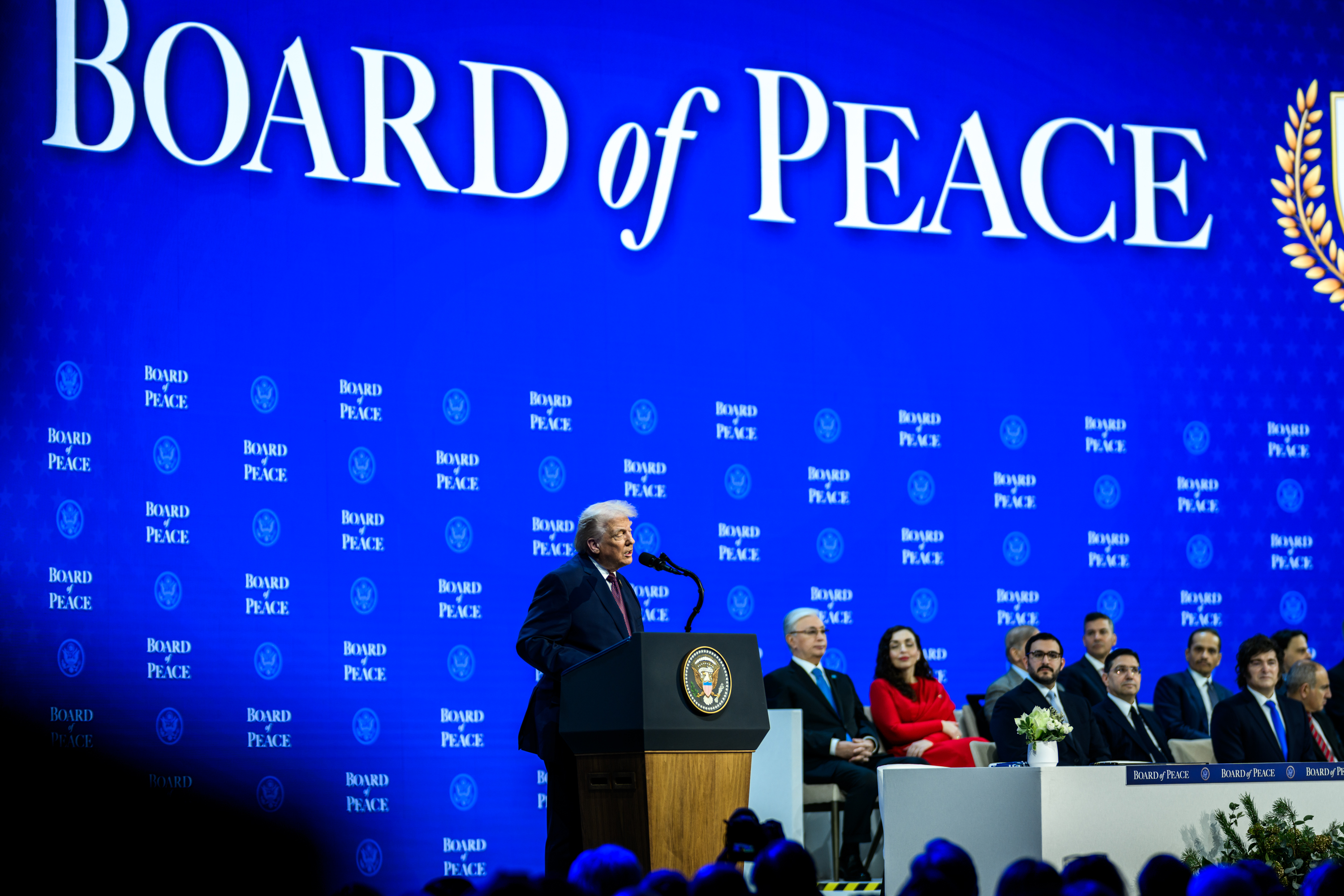 President Donald Trump participates in the Board of Peace Charter Announcement and Signing ceremony during the World Economic Forum, Thursday, January 22, 2026, at the Davos Congress Center in Davos, Switzerland. (Official White House Photo by Daniel Torok)