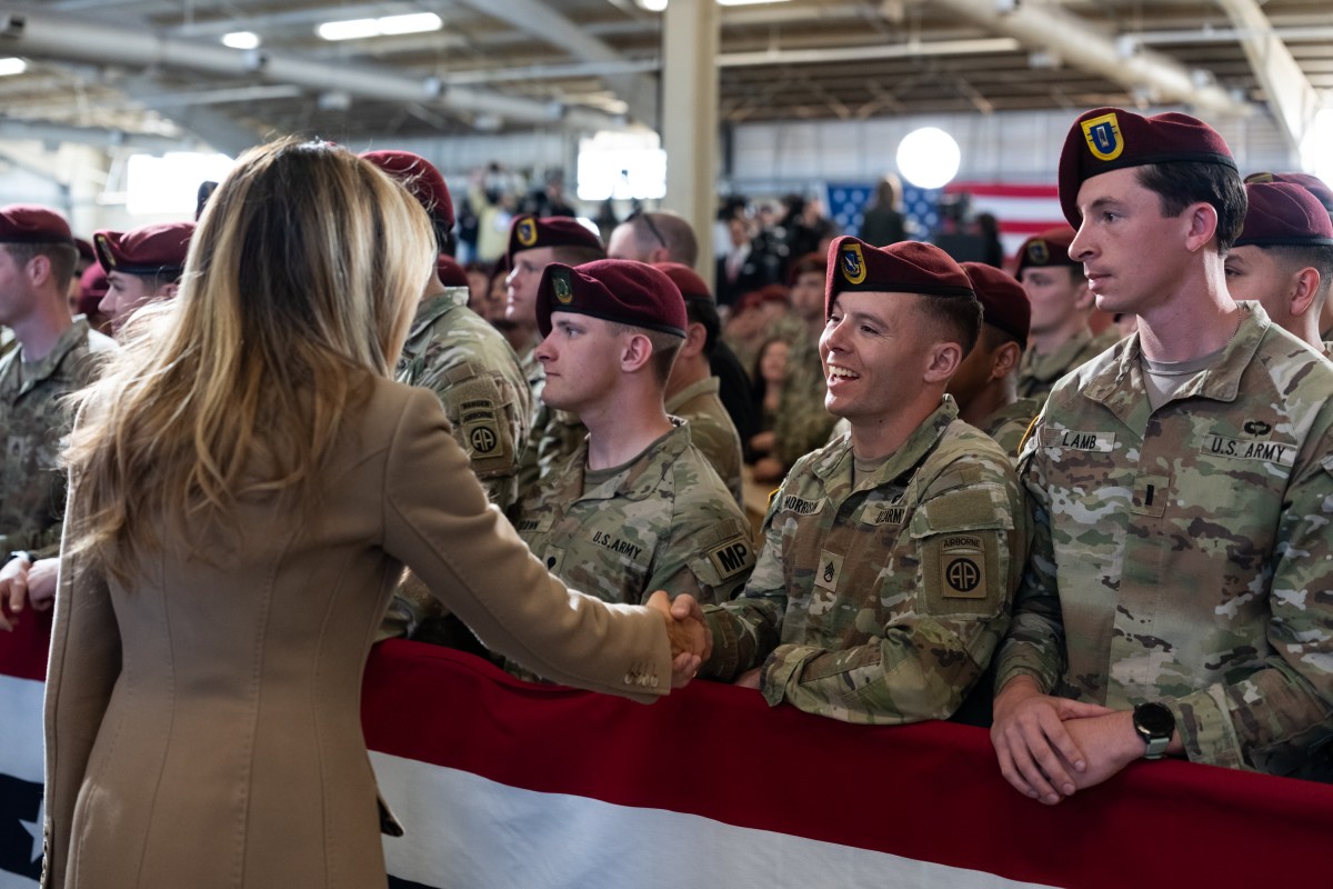 President Donald Trump and First Lady Melania Trump make remarks to military families at Fort Bragg, North Carolina, Friday, February 13, 2026. (Official White House Photo by Andrea Hanks)