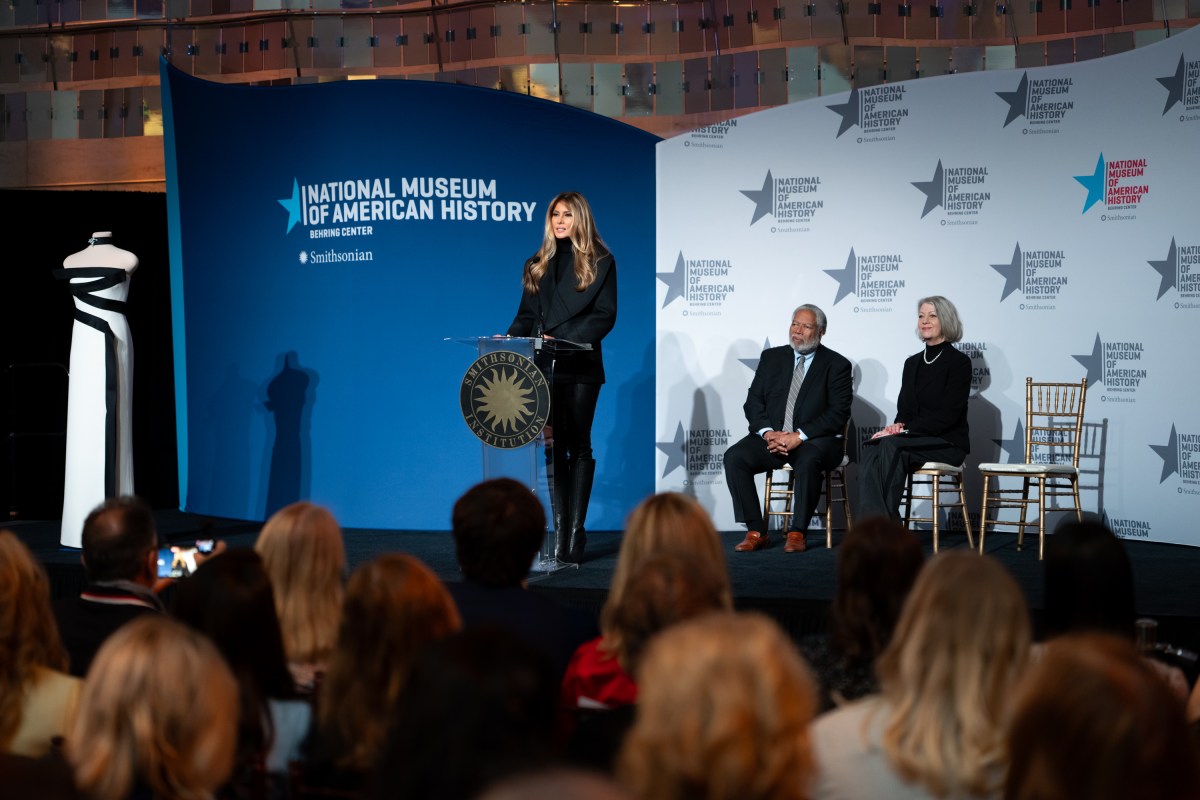 First Lady Melania Trump presents her 2025 inaugural gown to the First Ladies Collection at the Smithsonian National Museum of American History in Washington, D.C., Friday, February 20, 2026. (Official White House Photo by Andrea Hanks)