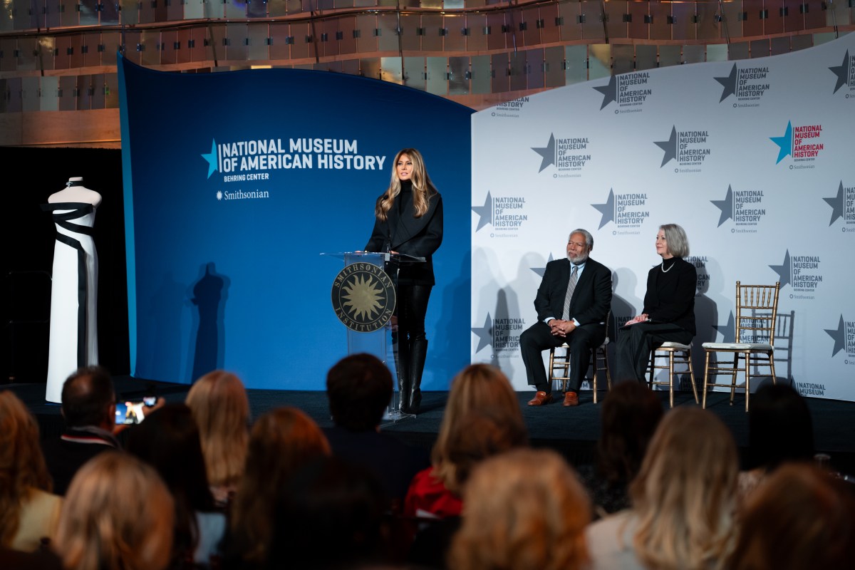 First Lady Melania Trump presents her 2025 inaugural gown to the First Ladies Collection at the Smithsonian National Museum of American History in Washington, D.C., Friday, February 20, 2026. (Official White House Photo by Andrea Hanks)