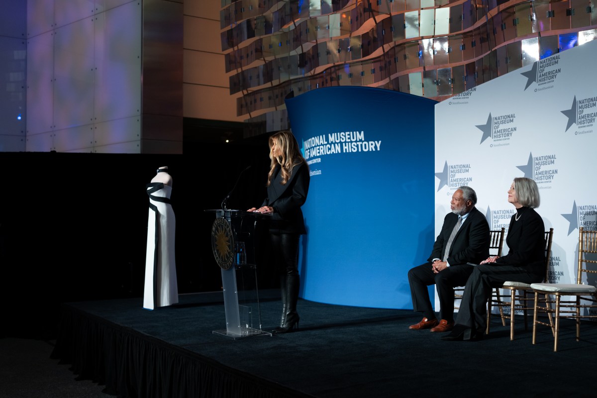 First Lady Melania Trump presents her 2025 inaugural gown to the First Ladies Collection at the Smithsonian National Museum of American History in Washington, D.C., Friday, February 20, 2026. (Official White House Photo by Andrea Hanks)