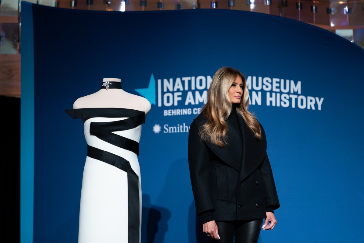First Lady Melania Trump presents her 2025 inaugural gown to the First Ladies Collection at the Smithsonian National Museum of American History in Washington, D.C., Friday, February 20, 2026. (Official White House Photo by Andrea Hanks)