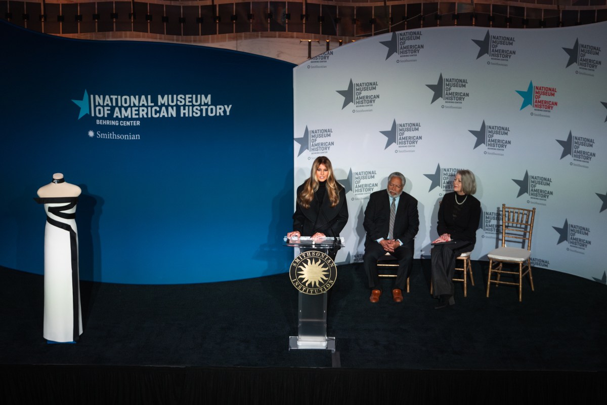 First Lady Melania Trump presents her 2025 inaugural gown to the First Ladies Collection at the Smithsonian National Museum of American History in Washington, D.C., Friday, February 20, 2026. (Official White House Photo by Cody Hendrix)