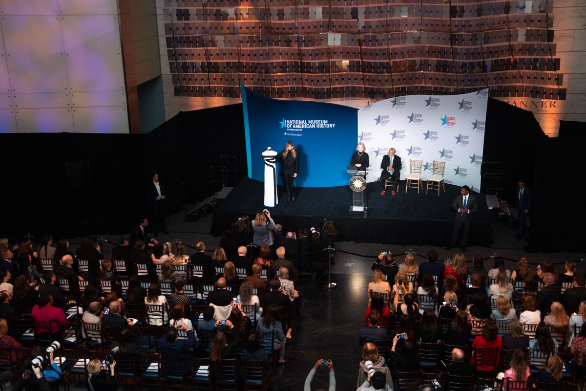 First Lady Melania Trump presents her 2025 inaugural gown to the First Ladies Collection at the Smithsonian National Museum of American History in Washington, D.C., Friday, February 20, 2026. (Official White House Photo by Cody Hendrix)