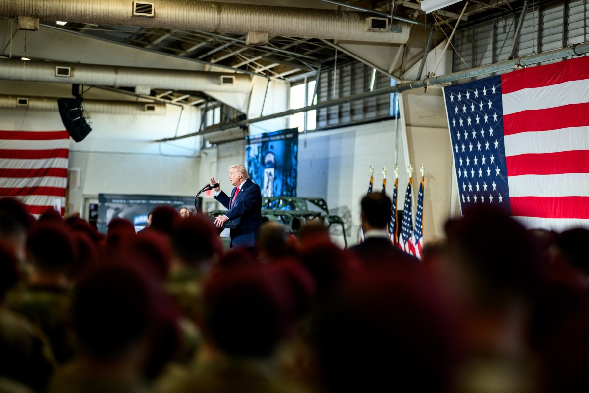 President Donald Trump delivers remarks to military families at Fort Bragg, North Carolina, Friday, February 13, 2026. (Official White House Photo by Daniel Torok)
