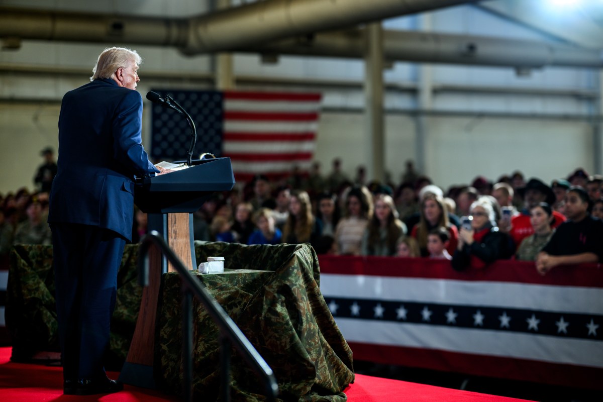 President Donald Trump delivers remarks to military families at Fort Bragg, North Carolina, Friday, February 13, 2026. (Official White House Photo by Daniel Torok)