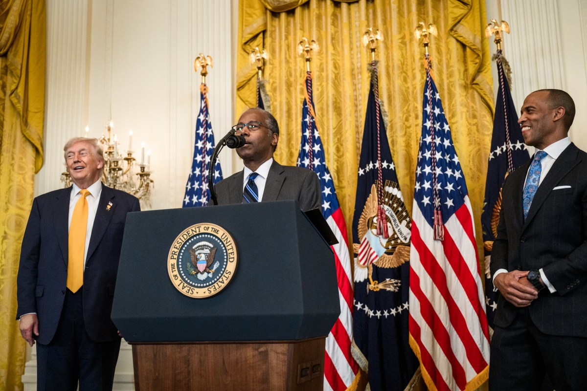 President Donald Trump looks on as Ben Carson delivers remarks at a Black History Month reception, Wednesday, February 18, 2026, in the East Room of the White House. (Official White House Photo by Joyce N. Boghosian)