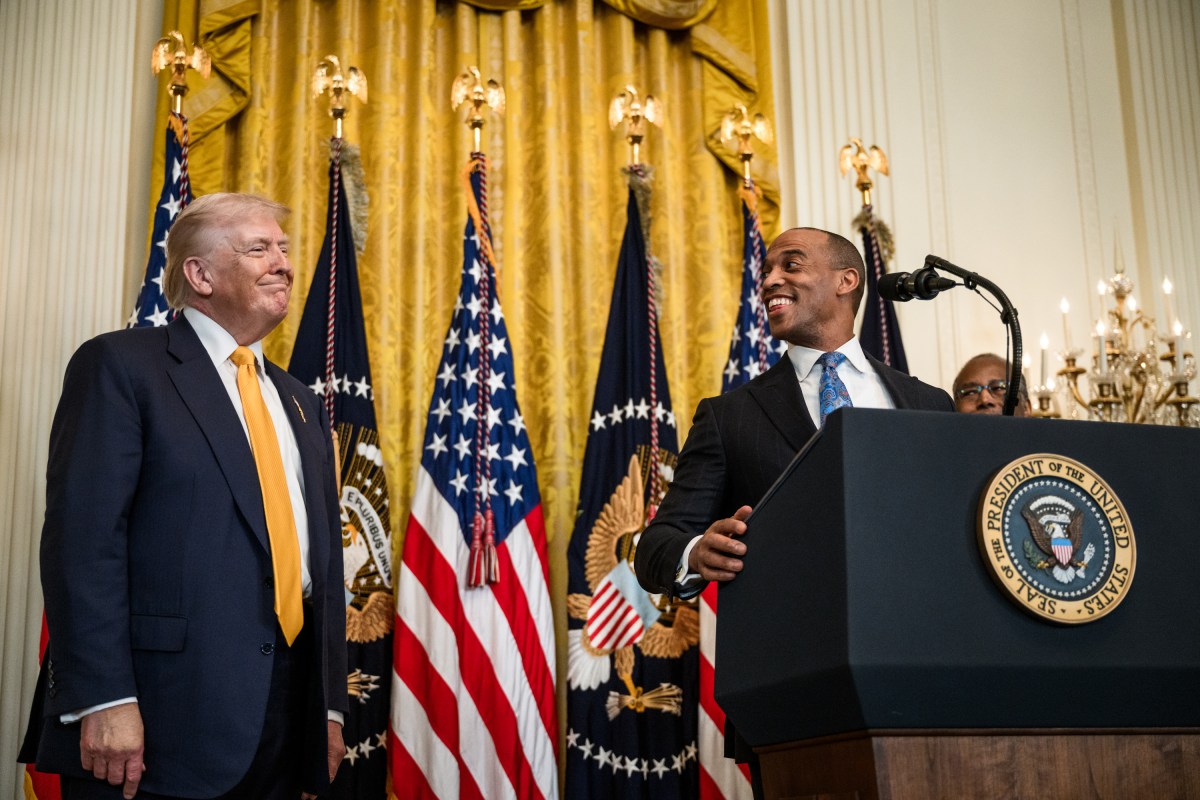 President Donald Trump looks on as Secretary of Housing and Urban Development Scott Turner delivers remarks at a Black History Month reception, Wednesday, February 18, 2026, in the East Room of the White House. (Official White House Photo by Joyce N. Boghosian)