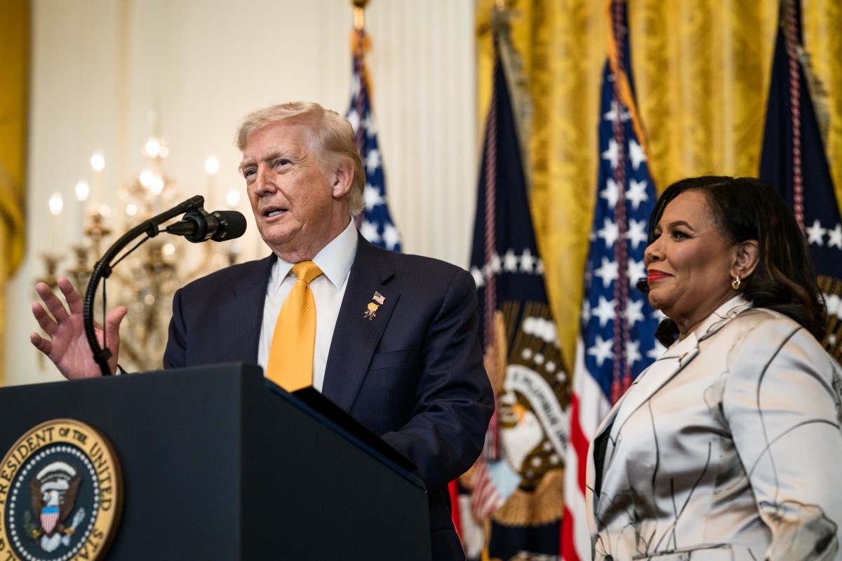 President Donald Trump delivers remarks alongside Pardon Czar Alice Johnson at a Black History Month reception, Wednesday, February 18, 2026, in the East Room of the White House. (Official White House Photo by Joyce N. Boghosian)
