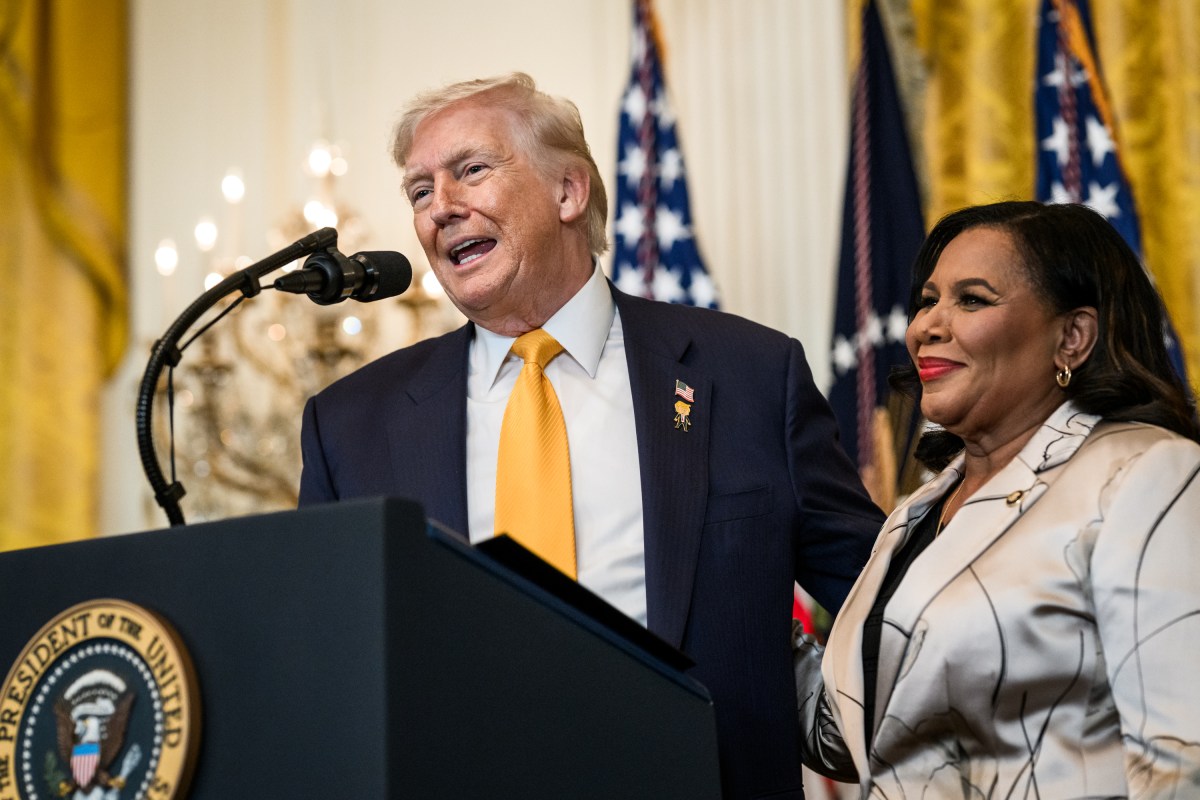 President Donald Trump delivers remarks alongside Pardon Czar Alice Johnson at a Black History Month reception, Wednesday, February 18, 2026, in the East Room of the White House. (Official White House Photo by Joyce N. Boghosian)
