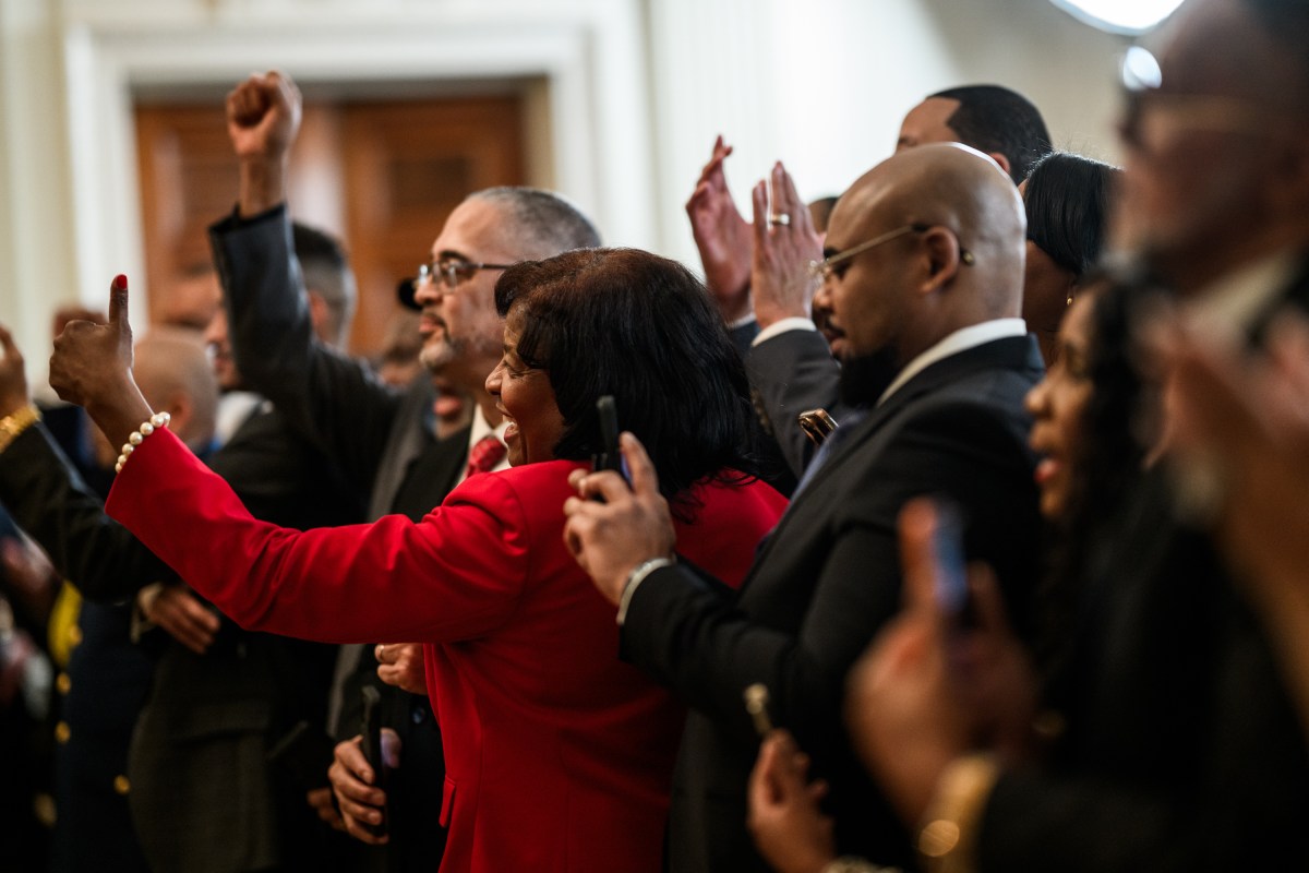 President Donald Trump delivers remarks alongside Pardon Czar Alice Johnson at a Black History Month reception, Wednesday, February 18, 2026, in the East Room of the White House. (Official White House Photo by Joyce N. Boghosian)