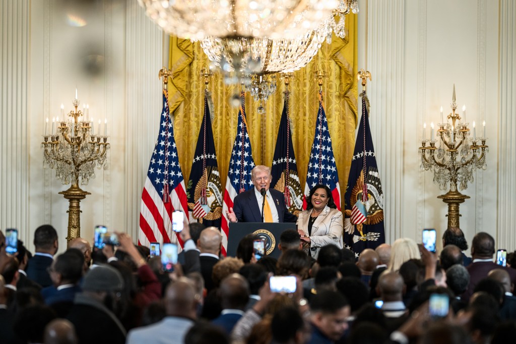 President Donald Trump delivers remarks alongside Pardon Czar Alice Johnson at a Black History Month reception, Wednesday, February 18, 2026, in the East Room of the White House. (Official White House Photo by Molly Riley)