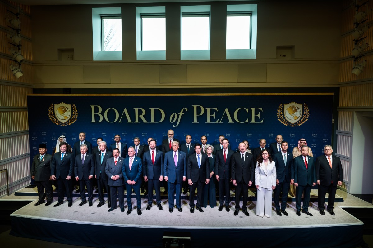President Donald Trump and Vice President JD Vance pose for a family photo at a Board of Peace meeting at the Donald J. Trump Institute of Peace in Washington, D.C., Thursday, February 19, 2026. (Official White House Photo by Daniel Torok)