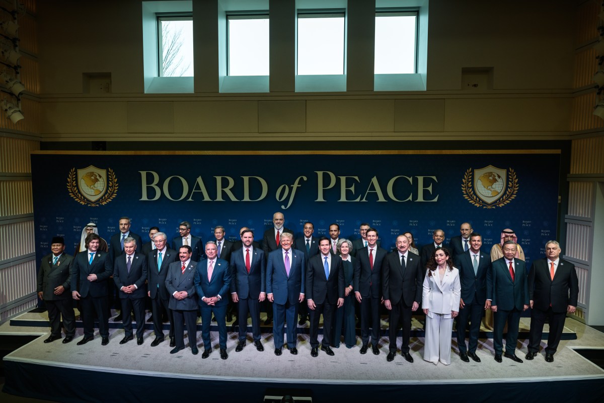 President Donald Trump and Vice President JD Vance pose for a family photo at a Board of Peace meeting at the Donald J. Trump Institute of Peace in Washington, D.C., Thursday, February 19, 2026. (Official White House Photo by Daniel Torok)