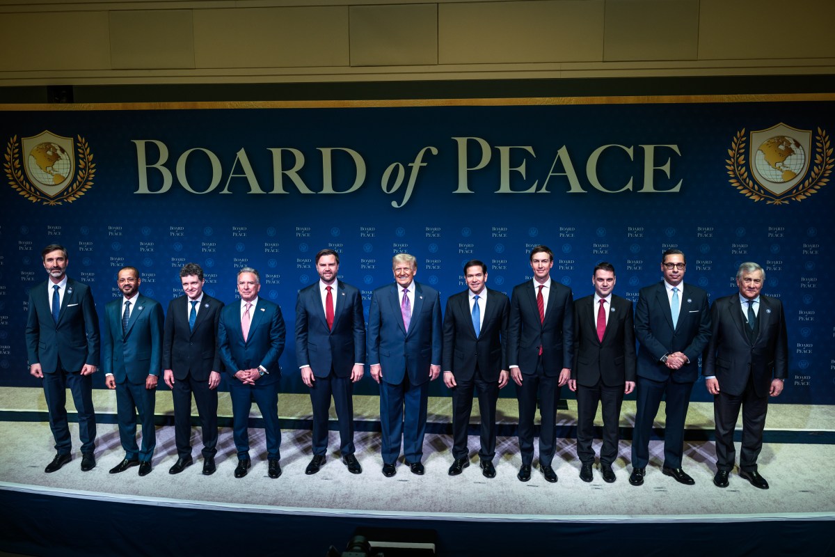 President Donald Trump and Vice President JD Vance pose for a family photo at a Board of Peace meeting at the Donald J. Trump Institute of Peace in Washington, D.C., Thursday, February 19, 2026. (Official White House Photo by Daniel Torok)