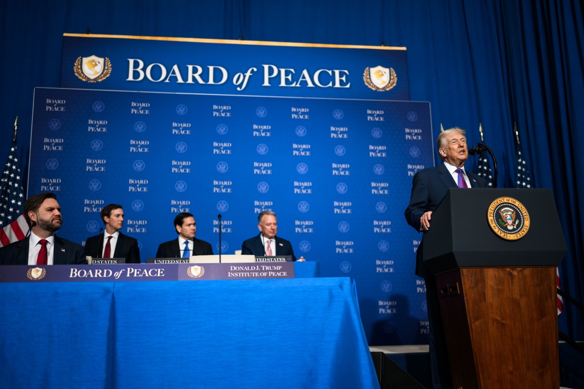 President Donald Trump participates in a Board of Peace meeting at the Donald J. Trump Institute of Peace in Washington, D.C., Thursday, February 19, 2026. (Official White House Photo by Daniel Torok)
