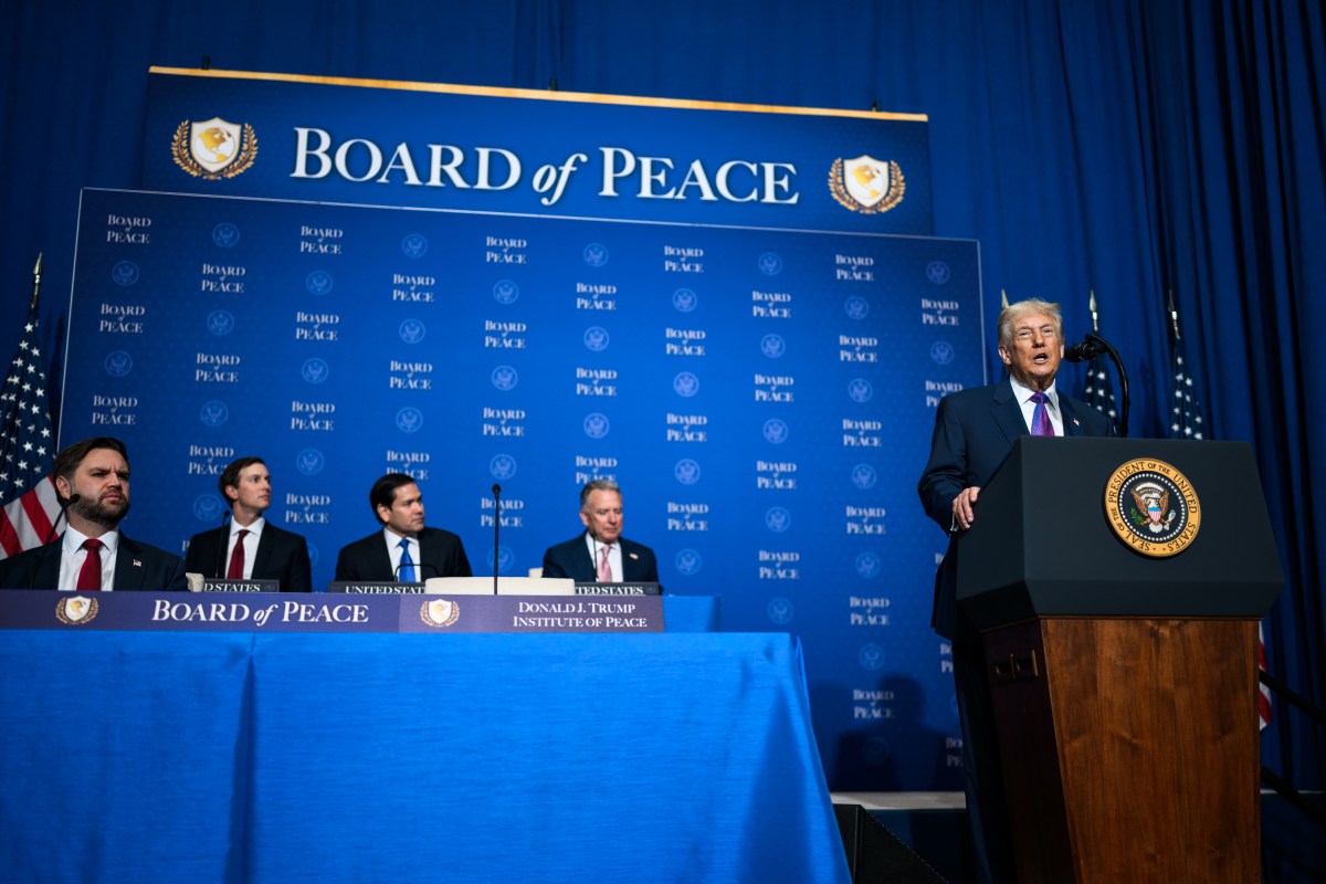 President Donald Trump participates in a Board of Peace meeting at the Donald J. Trump Institute of Peace in Washington, D.C., Thursday, February 19, 2026. (Official White House Photo by Daniel Torok)
