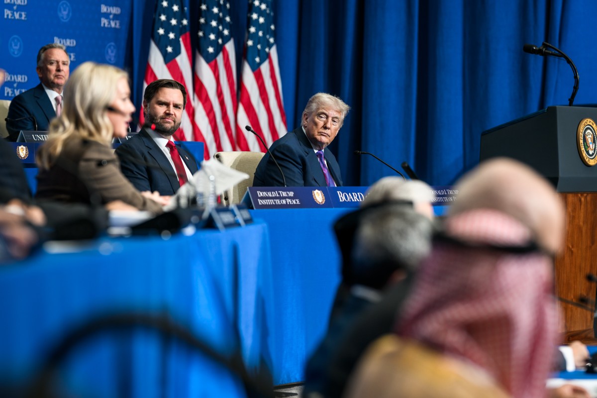 President Donald Trump participates in a Board of Peace meeting at the Donald J. Trump Institute of Peace in Washington, D.C., Thursday, February 19, 2026. (Official White House Photo by Daniel Torok)